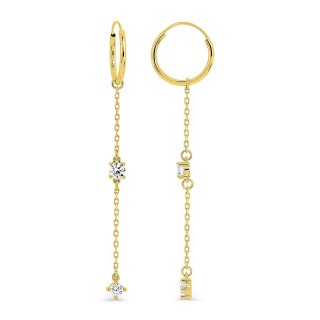 Brincos de argola em ouro amarelo 9K com pingente de corrente e pedras de zircónia cúbica