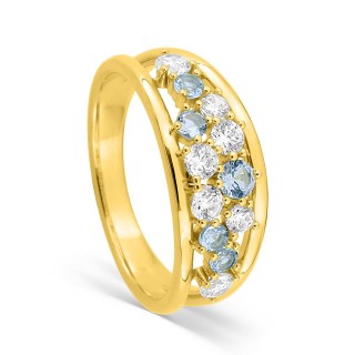Anillo bañado en oro con circonitas cúbicas redondas dobles blancas y azul cielo, estilo princesa