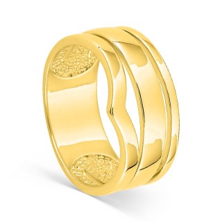 Anel largo de três fios banhado a ouro, sendo um deles ligeiramente em forma de V