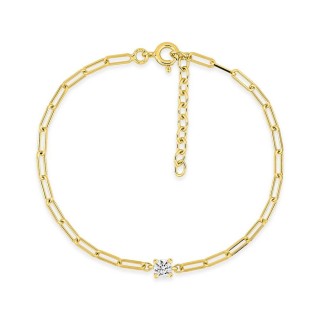 Pulsera chapada en oro con circonita solitaria y eslabón decorativo de 4 mm