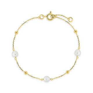 Pulsera de oro amarillo de 9K con cadena tipo curb y tres perlas cultivadas de agua dulce de 6 x 4 mm