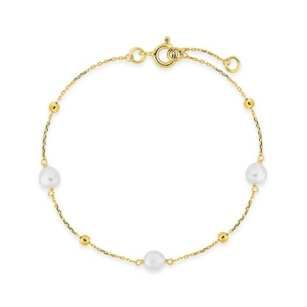 Pulsera de oro amarillo de 9K con cadena tipo curb y tres perlas cultivadas de agua dulce de 6 x 4 mm