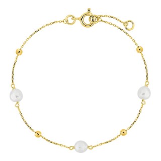 Pulseira em ouro amarelo 9K com corrente de elos e três pérolas cultivadas de água doce de 6 x 4 mm
