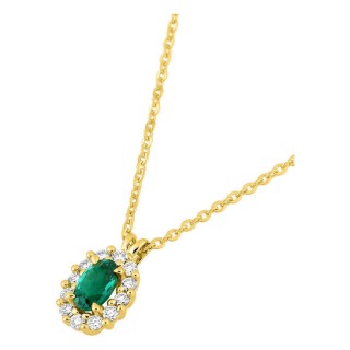 Colar em ouro amarelo 9K com esmeralda criada oval e diamantes criados 0,16 ct