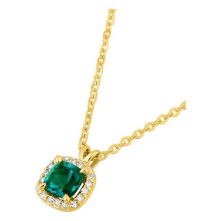 Collar de oro amarillo 9K con esmeralda creada talla cojín y diamantes creados 0,13 ct