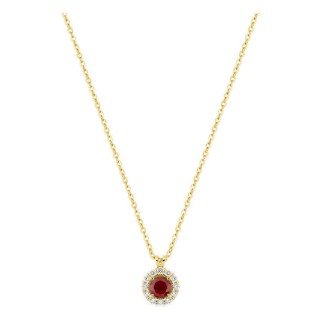Collar de oro amarillo 9K con rubí creado redondo y diamantes creados 0,13 ct