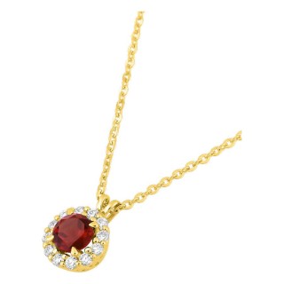 Collar de oro amarillo 9K con rubí creado redondo y diamantes creados 0,13 ct