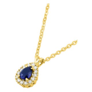 Colar em ouro amarelo 9K com safira criada lapidação pera e diamantes criados 0,07 ct