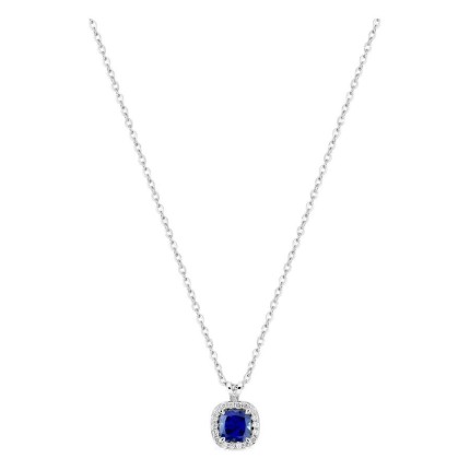 Collar de oro blanco 9K con zafiro creado talla cojín y diamantes creados 0,13 ct
