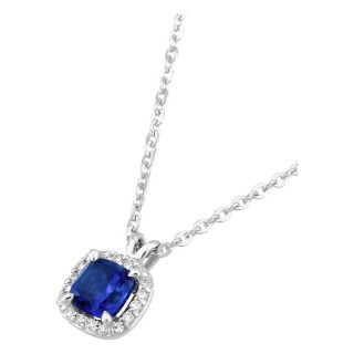 Colar em ouro branco 9K com safira criada lapidação almofada e diamantes criados 0,13 ct