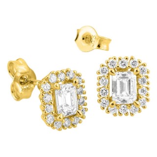 Pendientes de botón de oro amarillo 9K con diamantes creados 0,72 ct talla esmeralda en halo