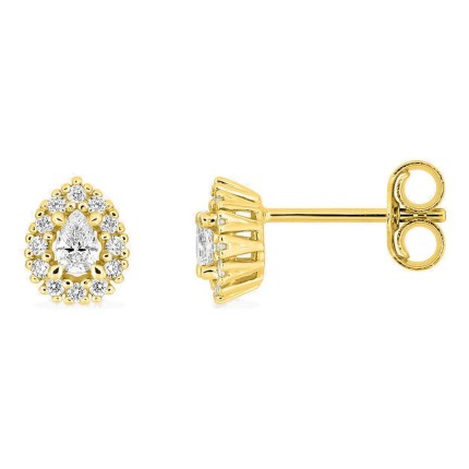 Pendientes de botón de oro amarillo 9K con diamantes creados 0,20 ct talla pera en halo