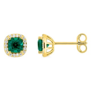 Pendientes de botón de oro amarillo 9K con esmeralda creada talla cojín y diamantes creados 0,11 ct