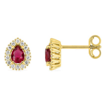 Pendientes de botón de oro amarillo 9K con rubí creado talla pera y diamantes creados 0,14 ct