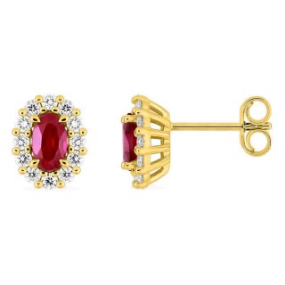 Pendientes de botón de oro amarillo 9K con rubí creado ovalado y diamantes creados 0,34 ct