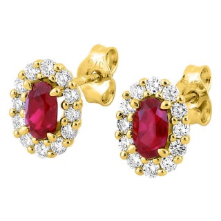 Brincos de pressão em ouro amarelo 9K com rubi criado oval e diamantes criados 0,34 ct