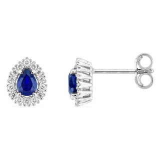 Brincos de pressão em ouro branco 9K com safira criada lapidação pera e diamantes criados 0,14 ct
