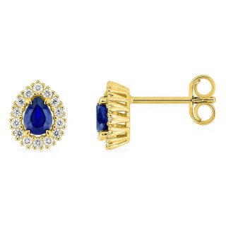 Pendientes de botón de oro amarillo 9K con zafiro creado talla pera y diamantes creados 0,14 ct