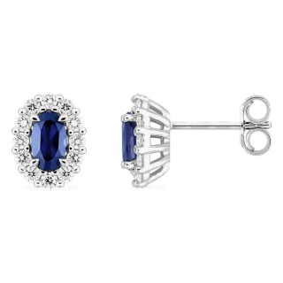 Pendientes de botón de oro blanco 9K con zafiro creado ovalado y diamantes creados 0,34 ct