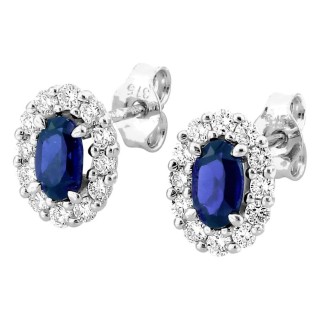 Brincos de pressão em ouro branco 9K com safira criada oval e diamantes criados 0,34 ct