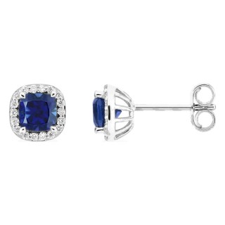 Pendientes de botón de oro blanco 9K con zafiro creado talla cojín y diamantes creados 0,11 ct