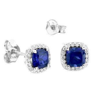 Pendientes de botón de oro blanco 9K con zafiro creado talla cojín y diamantes creados 0,11 ct