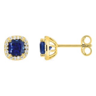 Pendientes de botón de oro amarillo 9K con zafiro creado talla cojín y diamantes creados 0,11 ct