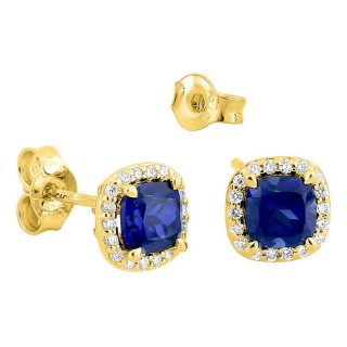 Pendientes de botón de oro amarillo 9K con zafiro creado talla cojín y diamantes creados 0,11 ct