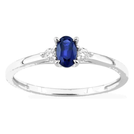 Anel em ouro branco 9K com safira criada oval e diamantes criados 0,06 ct