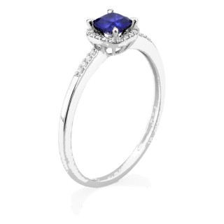 Anillo de oro blanco 9K con zafiro creado talla cojín y diamantes creados 0,08 ct
