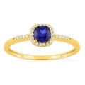 Anel em ouro amarelo 9K com safira criada lapidação almofada e diamantes criados 0,08 ct