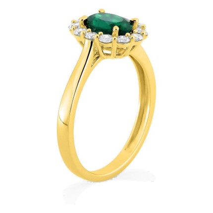 Anillo de oro amarillo 9K con esmeralda creada ovalada y diamantes creados 0,40 ct