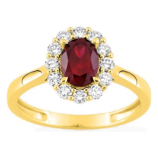 Anillo de oro amarillo 9K con rubí creado ovalado y diamantes creados 0,40 ct