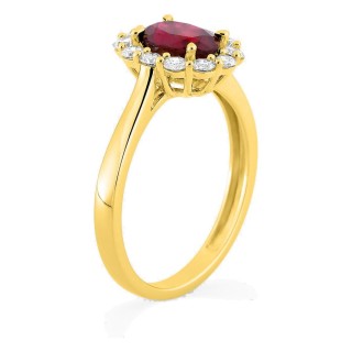 Anillo de oro amarillo 9K con rubí creado ovalado y diamantes creados 0,40 ct