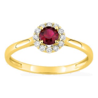 Anillo de oro amarillo 9K con rubí creado redondo y diamantes creados 0,13 ct