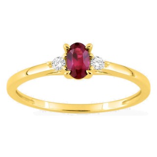 Anel em ouro amarelo 9K com rubi criado oval e diamantes criados 0,06 ct