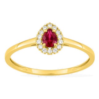 Anillo de oro amarillo 9K con rubí creado talla pera y diamantes creados 0,07 ct