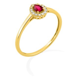 Anillo de oro amarillo 9K con rubí creado talla pera y diamantes creados 0,07 ct