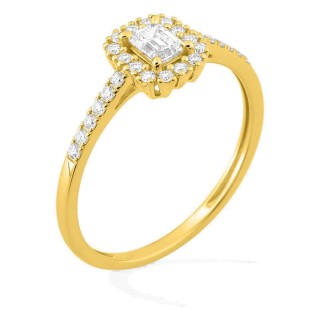 Anel em ouro amarelo 9K com diamantes criados 0,43 ct e centro lapidação esmeralda em halo