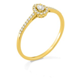Anillo de oro amarillo 9K con diamantes creados 0,16 ct y centro talla pera en halo