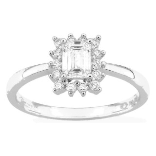 Anel em ouro branco 18K com diamantes criados 0,68 ct e diamante central lapidação esmeralda