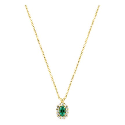 Collar de oro amarillo 9K con esmeralda creada ovalada y diamantes creados 0,16 ct