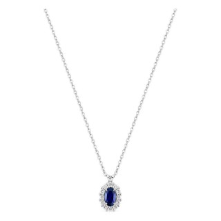 Colar em ouro branco 9K com safira criada oval e diamantes criados 0,16 ct