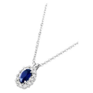 Colar em ouro branco 9K com safira criada oval e diamantes criados 0,16 ct
