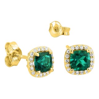 Pendientes de botón de oro amarillo 9K con esmeralda creada talla cojín y diamantes creados 0,11 ct
