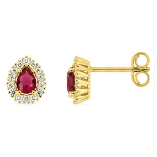 Brincos de pressão em ouro amarelo 9K com rubi criado lapidação pera e diamantes criados 0,14 ct