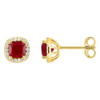 Brincos de pressão em ouro amarelo 9K com rubi criado lapidação almofada e diamantes criados 0,11 ct