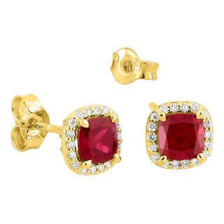 Brincos de pressão em ouro amarelo 9K com rubi criado lapidação almofada e diamantes criados 0,11 ct