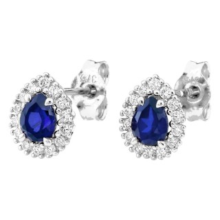 Brincos de pressão em ouro branco 9K com safira criada lapidação pera e diamantes criados 0,14 ct