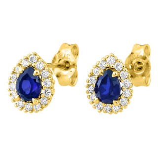 Brincos de pressão em ouro amarelo 9K com safira criada lapidação pera e diamantes criados 0,14 ct